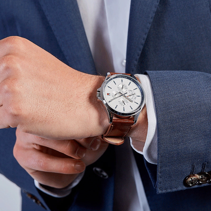  Shop Authentic Tommy Hilfiger Multi Function Quartz White Dial Brown Leather Strap Watch for Men - 1791614 - Luxxuri