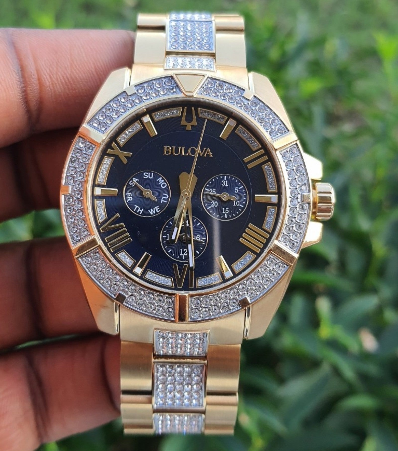  Shop Authentic Bulova Crystal Collection Blue Dial Gold Steel Strap Watch for Men - 98C128 - Luxxuri