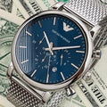  Shop Authentic Emporio Armani Luigi Chronograph Blue Dial Silver Mesh Bracelet Watch For Men - AR80038 - Luxxuri