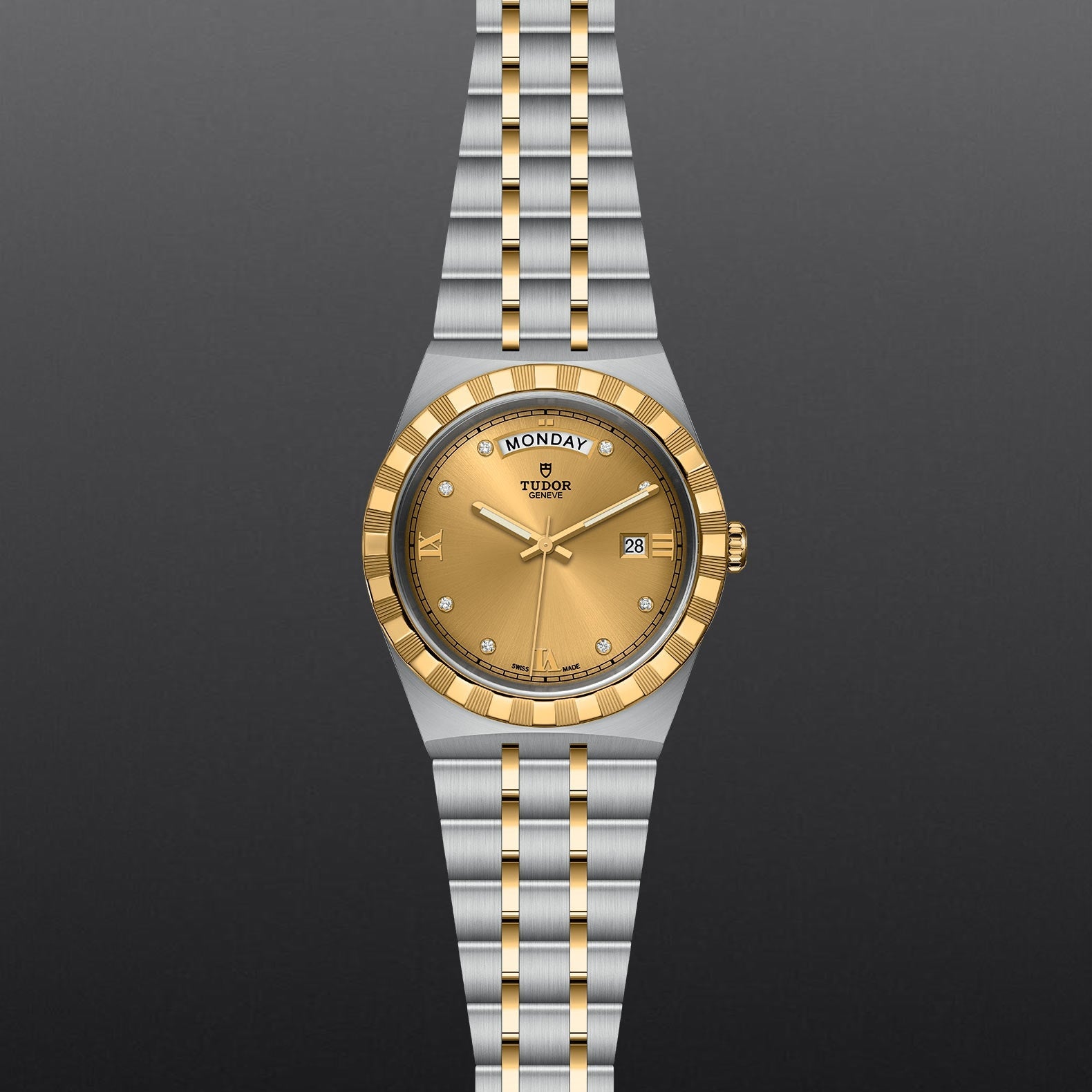 Tudor Royal Automatic Diamonds Gold Dial Two Tone Steel Strap Watch for Men - M28603-0006