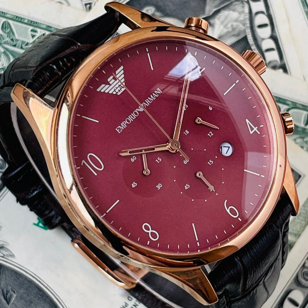 Emporio Armani Classic Chronograph Burgundy Dial Brown Leather Strap Watch For Men - AR1890