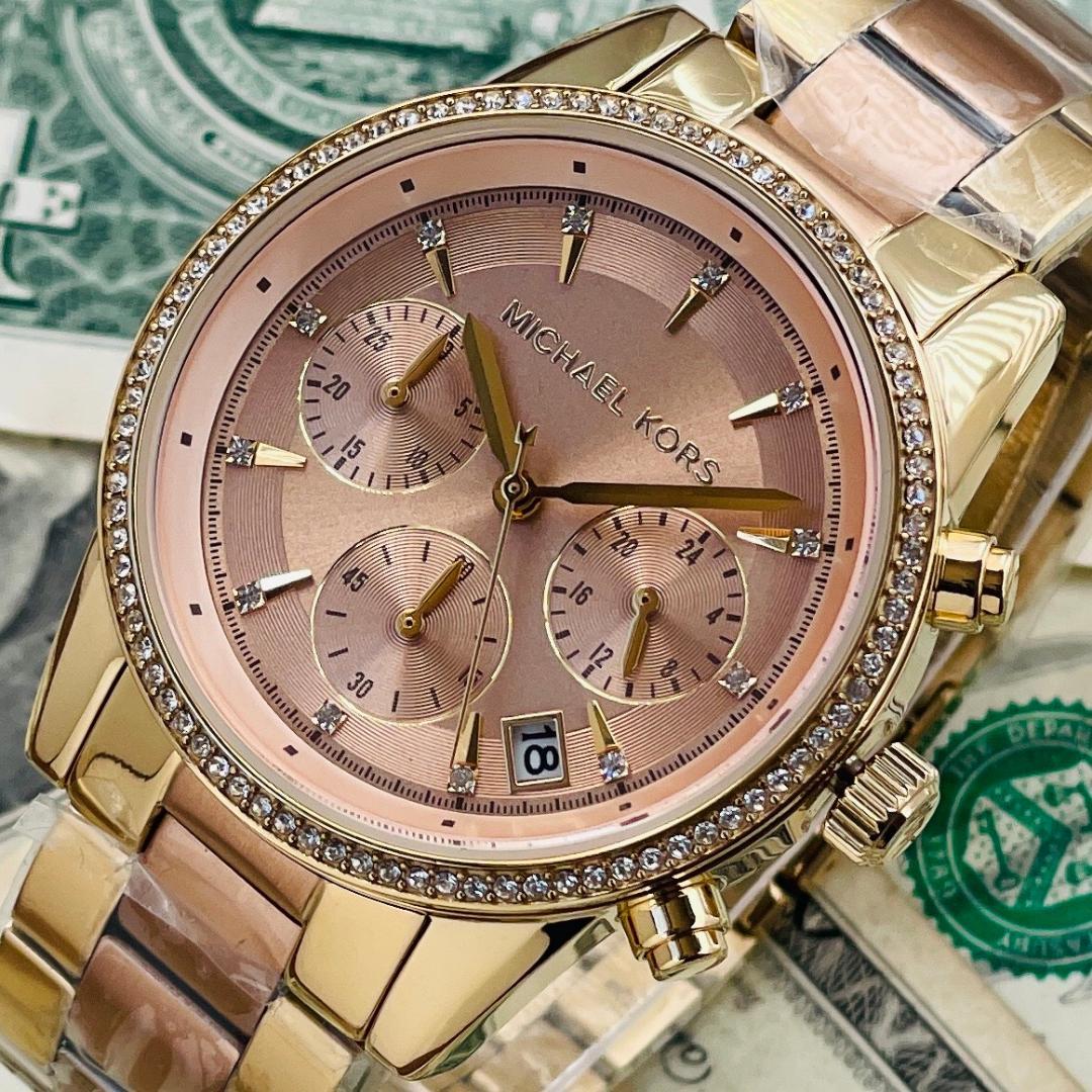  Shop Authentic Michael Kors Ritz Chronograph Rose Dial Two Tone Steel Strap Watch for Women - MK6475 - Luxxuri