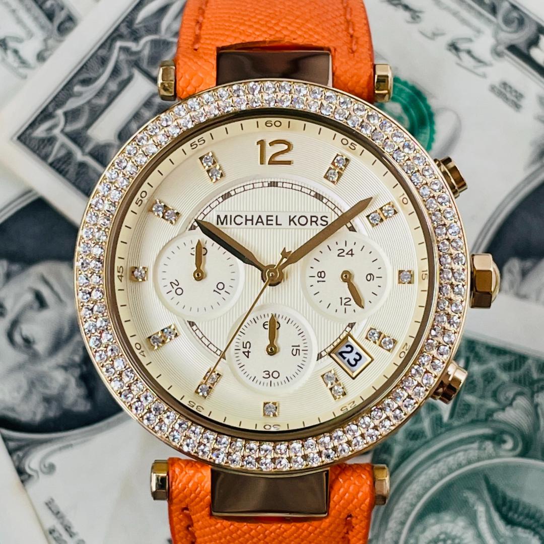 Michael Kors Parker Champagne Dial Orange Leather Strap Watch for Women - MK2279
