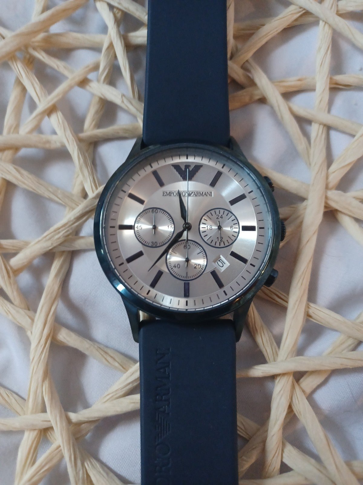  Shop Authentic Emporio Armani Renato Chronograph Silver Dial Blue Silicone Strap Watch For Men - AR11026 - Luxxuri