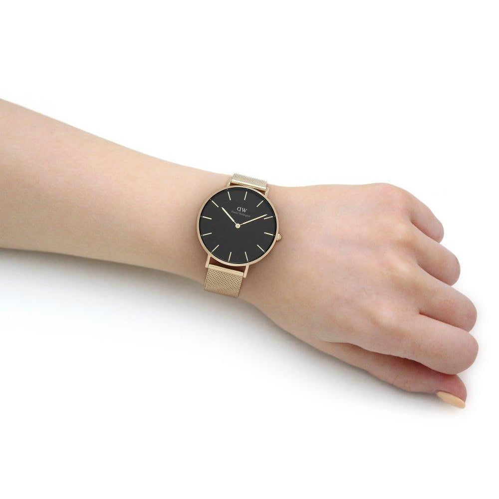  Shop Authentic Daniel Wellington Petite Evergold Black Dial Gold Mesh Strap Watch For Women - DW00100345 - Luxxuri