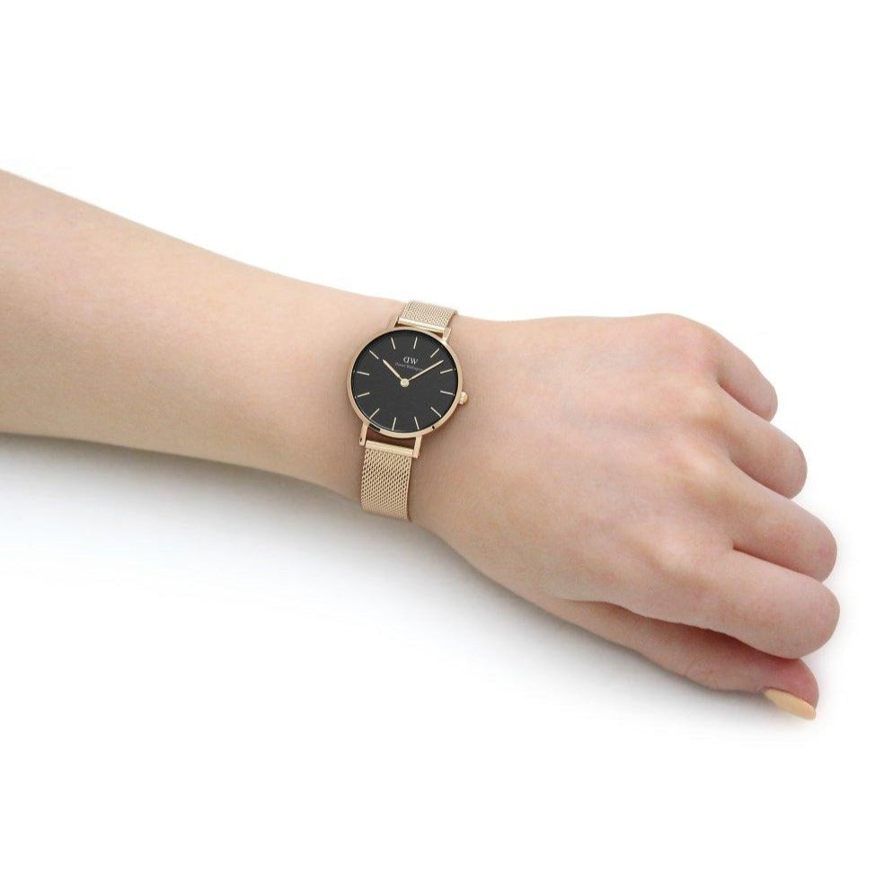 Daniel Wellington Classic Petite Evergold Black Dial Gold Mesh Bracelet Watch For Women - DW00100349
