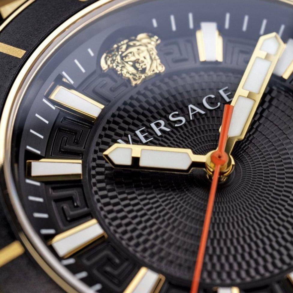  Shop Authentic Versace Greca Sport Quartz Black Dial Gold Steel Strap Watch for Men - VEZ300721 - Luxxuri