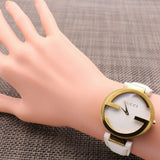  Shop Authentic Gucci G Interlocking White Dial White Leather Strap Watch For Women - YA133327 - Luxxuri