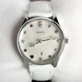  Shop Authentic Gucci G-Timeless Mother of Pearl White Dial White Leather Strap Watch For Women - YA126597 - Luxxuri