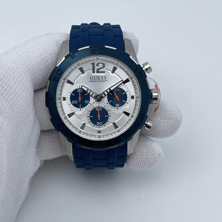  Shop Authentic Guess Caliber Chronograph White Dial Blue Rubber Strap Watch for Men - W0864G6 - Luxxuri