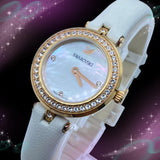  Shop Authentic Swarovski Lovely Crystals Mother of Pearl Dial White Leather Strap Watch for Women - 5242904 - Luxxuri