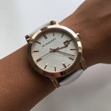  Shop Authentic Burberry The City White Dial White Leather Strap Watch for Women - BU9012 - Luxxuri