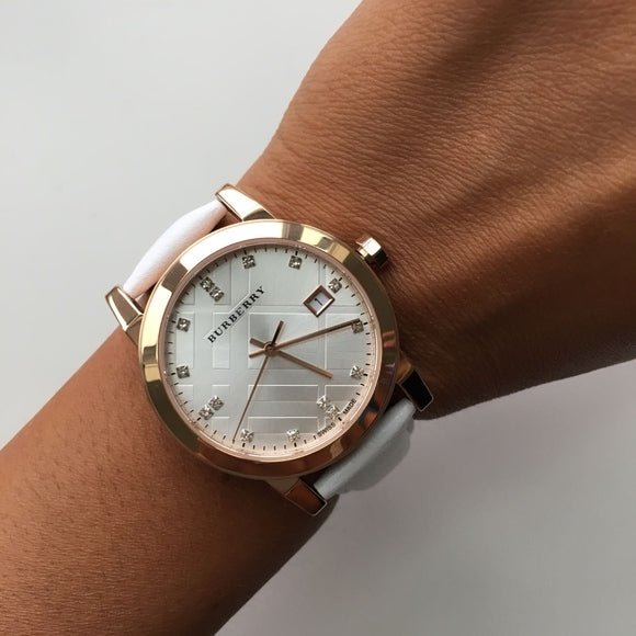 Burberry The City Diamonds White Dial White Leather Strap Watch for Women - BU9130