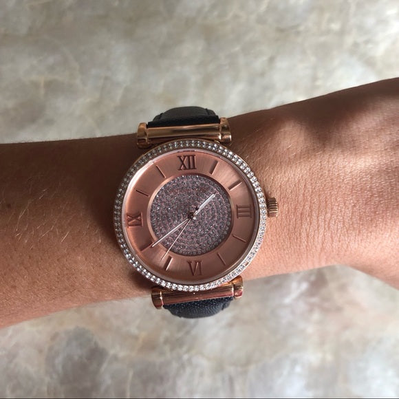  Shop Authentic Michael Kors Catlin Rose Gold Crystal Dial Black Leather Strap Watch for Women - MK2376 - Luxxuri