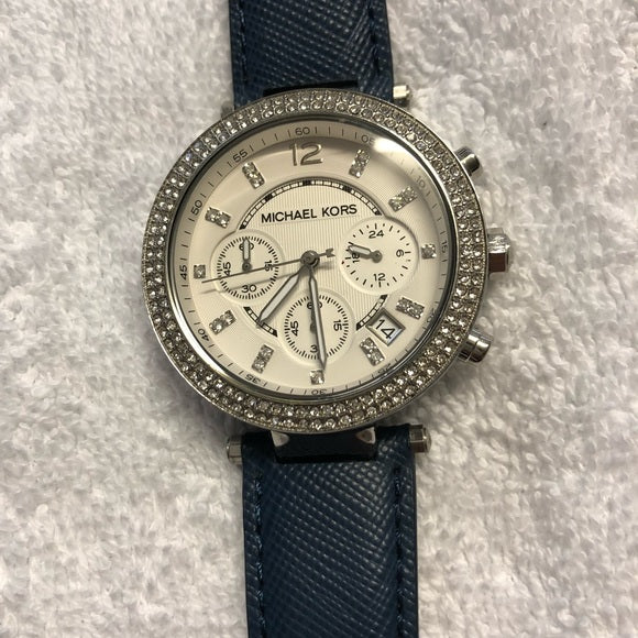  Shop Authentic Michael Kors Parker White Dial Navy Blue Leather Strap Watch for Women - MK2293 - Luxxuri
