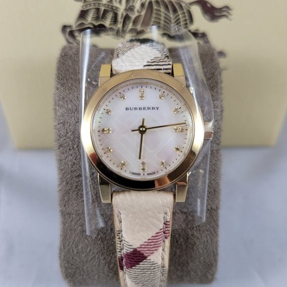  Shop Authentic Burberry The City Diamonds Mother of Pearl Dial Brown Leather Strap Watch for Women - BU9226 - Luxxuri