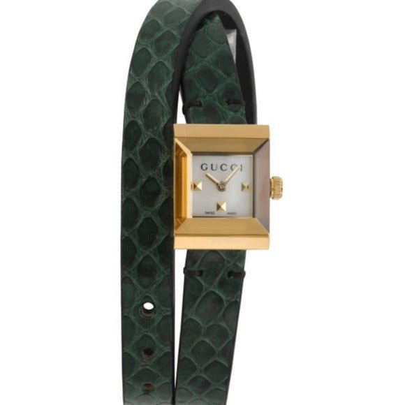  Shop Authentic Gucci G Frame Double Mother of Pearl Dial Green Leather Strap Watch For Women - YA128525 - Luxxuri