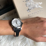  Shop Authentic Burberry The City White Dial Black Haymarket Leather Strap Watch for Women - BU9150 - Luxxuri