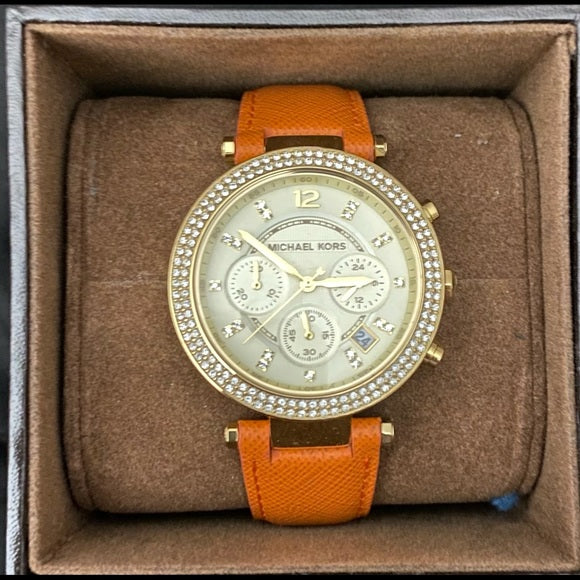  Shop Authentic Michael Kors Parker Champagne Dial Orange Leather Strap Watch for Women - MK2279 - Luxxuri