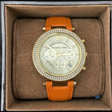  Shop Authentic Michael Kors Parker Champagne Dial Orange Leather Strap Watch for Women - MK2279 - Luxxuri