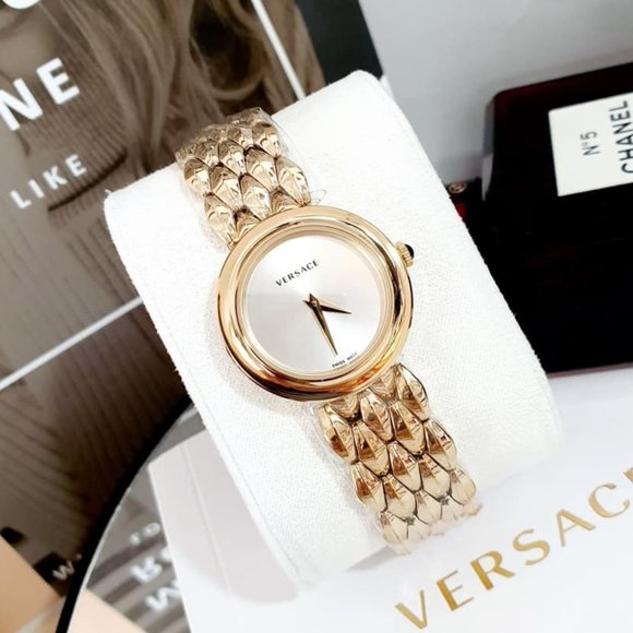 Shop Authentic Versace V-Flare Quartz Silver Dial Gold Steel Strap Watch for Women - VEBN00718 - Luxxuri