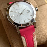  Shop Authentic Burberry The City White Dial Haymarket Pink Leather Strap Watch for Women - BU9149 - Luxxuri
