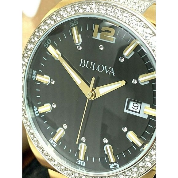  Shop Authentic Bulova Crystal Black Dial Two Tone Steel Strap Watch for Men - 98B235 - Luxxuri