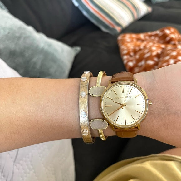  Shop Authentic Michael Kors Jaryn Quartz Gold Dial Brown Leather Strap Watch For Women - MK2496 - Luxxuri