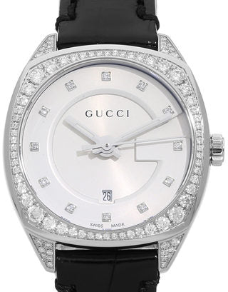  Shop Authentic Gucci GG2570 Diamonds Silver Dial Black Leather Strap Watch For Women - YA142507 - Luxxuri