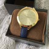  Shop Authentic Michael Kors Runway Quartz Gold Dial Blue Leather Strap Watch For Women - MK2285 - Luxxuri