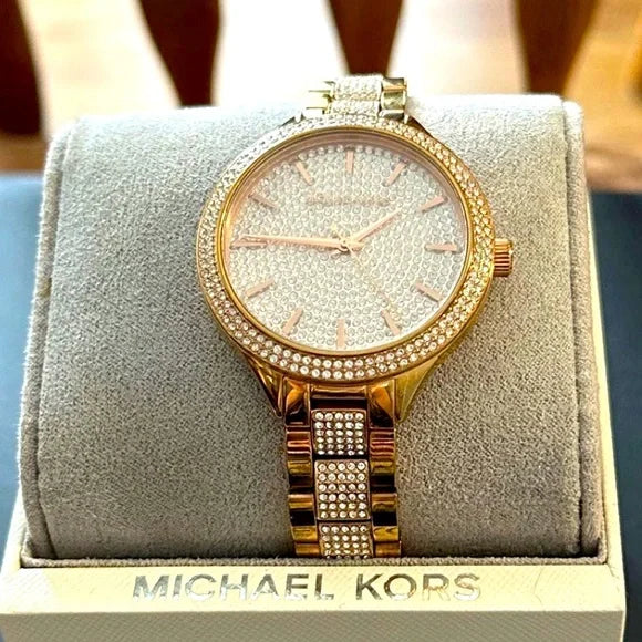  Shop Authentic Michael Kors Slim Runway Crystals Gold Dial Gold Steel Strap Watch for Women - MK3632 - Luxxuri