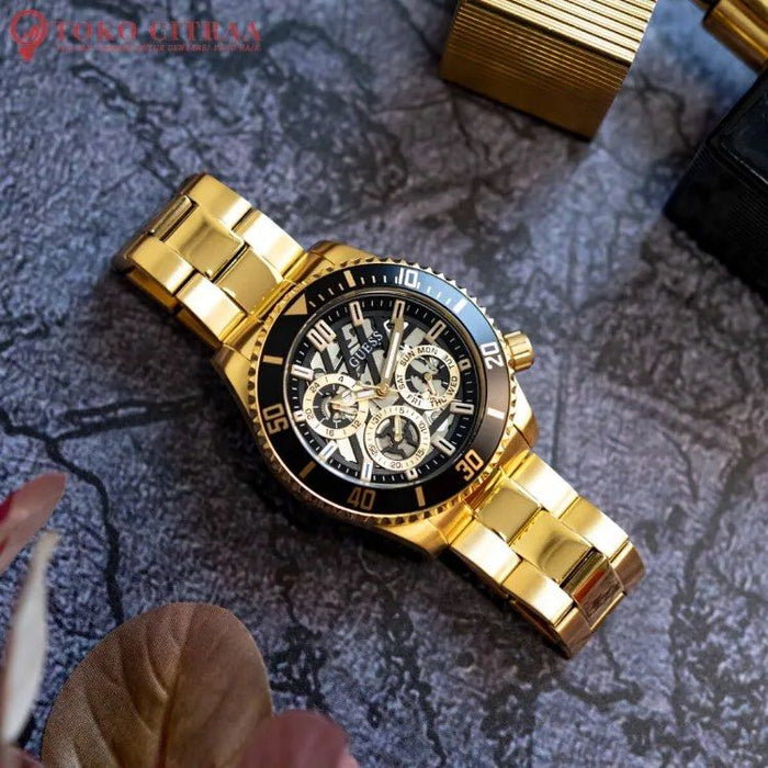 Guess Axle Multifunction Black Dial Gold Steel Strap Watch For Men - GW0488G2