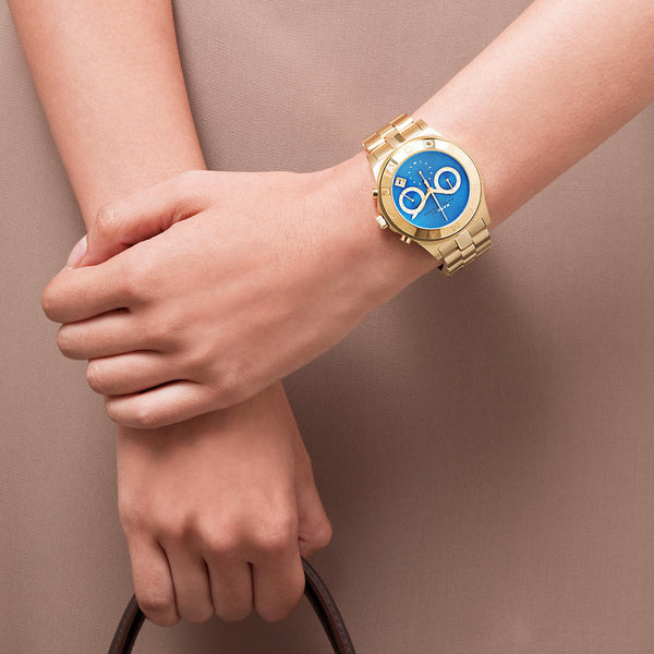 Marc Jacobs Blade Chronograph Blue Dial Gold Steel Strap Watch for Women - MBM3307