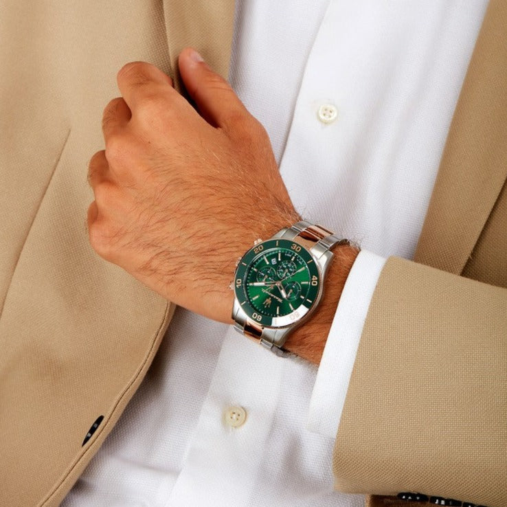  Shop Authentic Maserati Competizione Chronograph Green Dial Two Tone Steel Strap Watch For Men - R8873600004 - Luxxuri