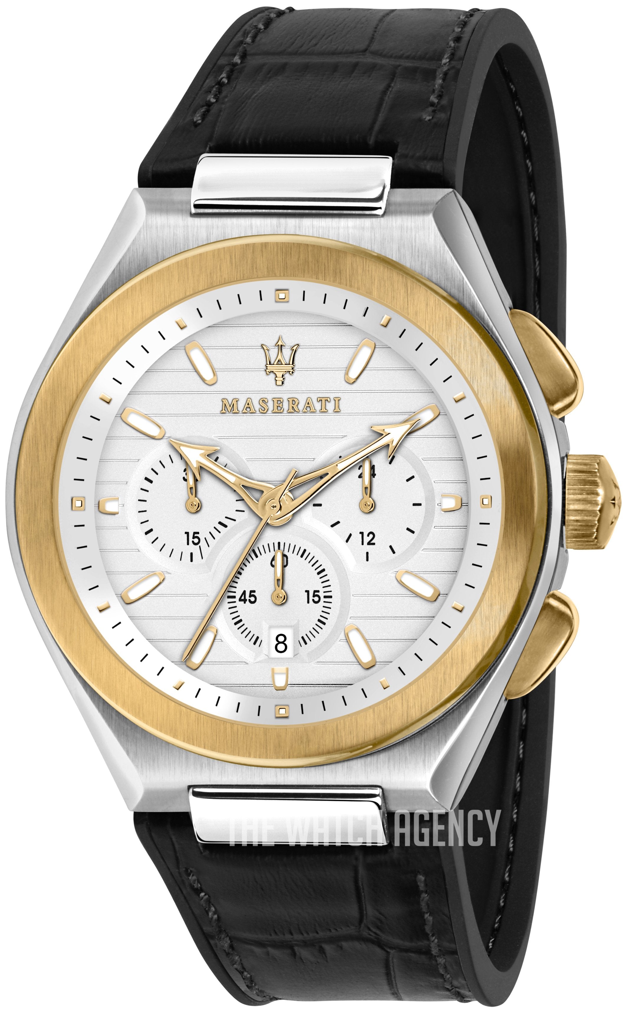 Maserati Triconic Chronograph White Dial Black Leather Strap Watch For Men - R8871639004