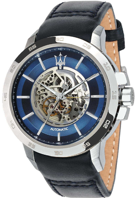  Shop Authentic Maserati Ingegno Automatic Blue Skeleton Dial Black Leather Strap Watch For Men - R8821119004 - Luxxuri