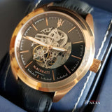  Shop Authentic Maserati Traguardo Automatic Black Skeleton Dial Black Leather Strap Watch For Men - R8821112001 - Luxxuri