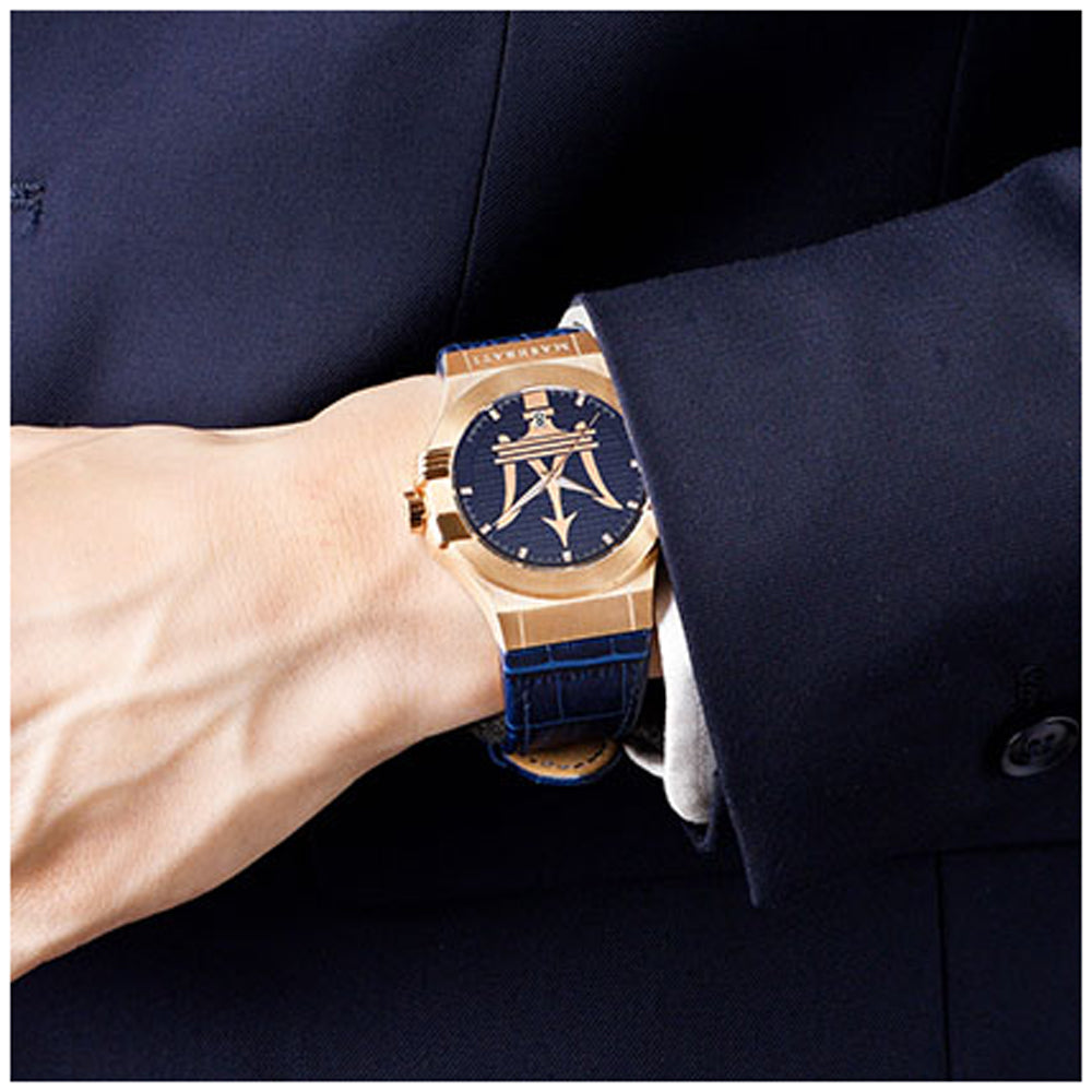  Shop Authentic Maserati Potenza 42mm Rose Gold & Blue Dial Blue Leather Strap Watch For Men - R8851108027 - Luxxuri