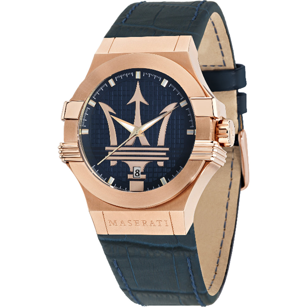  Shop Authentic Maserati Potenza 42mm Rose Gold & Blue Dial Blue Leather Strap Watch For Men - R8851108027 - Luxxuri