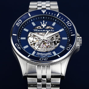  Shop Authentic Maserati SFIDA Automatic Skeleton Blue Dial Silver Steel Strap Watch For Men - R882314001 - Luxxuri