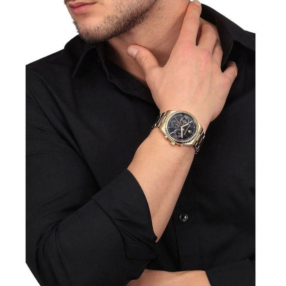 Maserati Competizione Chronograph Blue Dial Gold Steel Strap Watch For Men - R8853100026