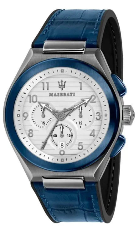  Shop Authentic Maserati Triconic Chronograph White Dial Blue Leather Strap Watch For Men - R8871639001 - Luxxuri
