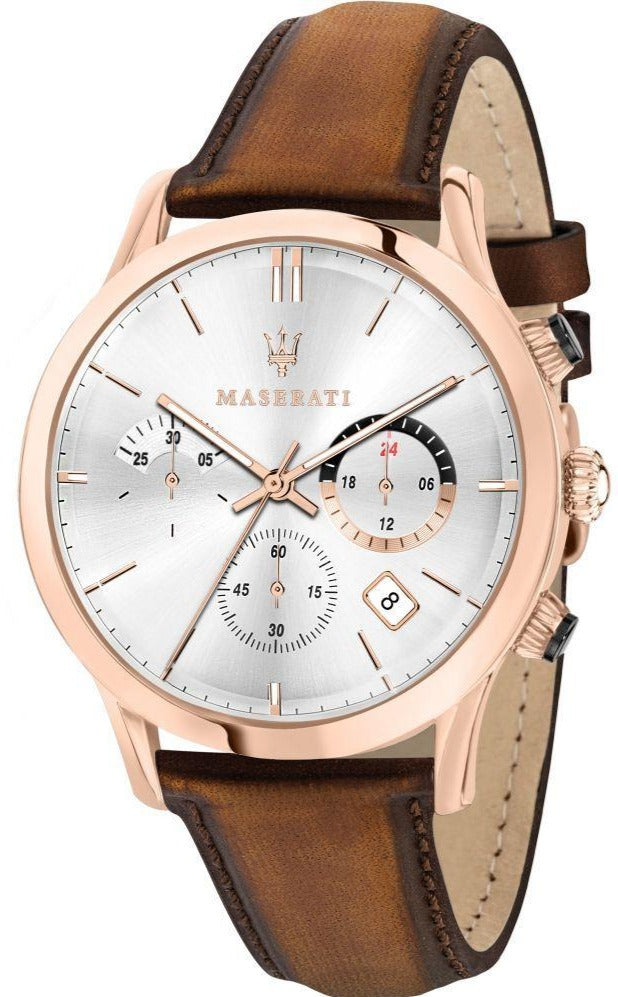  Shop Authentic Maserati Ricordo Chronograph Silver Dial Brown Leather Strap Watch For Men - R8871633002 - Luxxuri