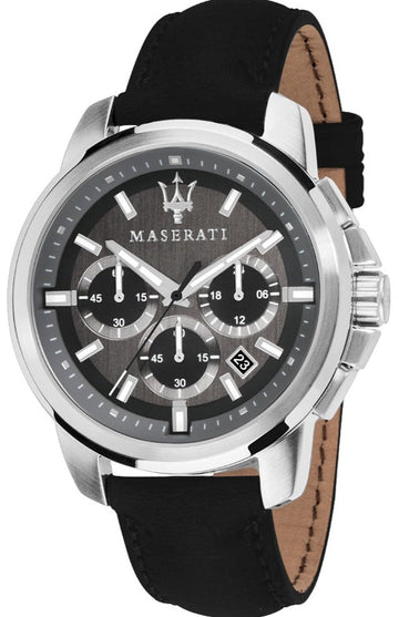  Shop Authentic Maserati Successo 44mm Grey Dial Black Leather Strap Watch For Men - R8871621006 - Luxxuri