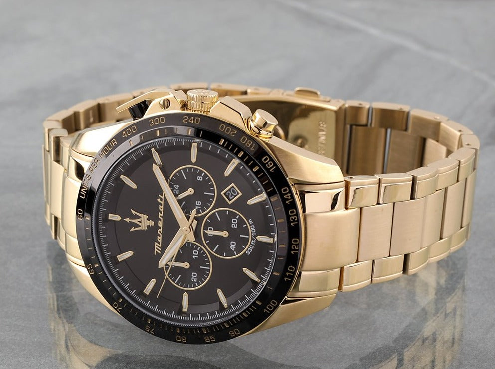  Shop Authentic Maserati Traguardo Chronograph Black Dial Gold Steel Strap Watch For Men - R8873612041 - Luxxuri