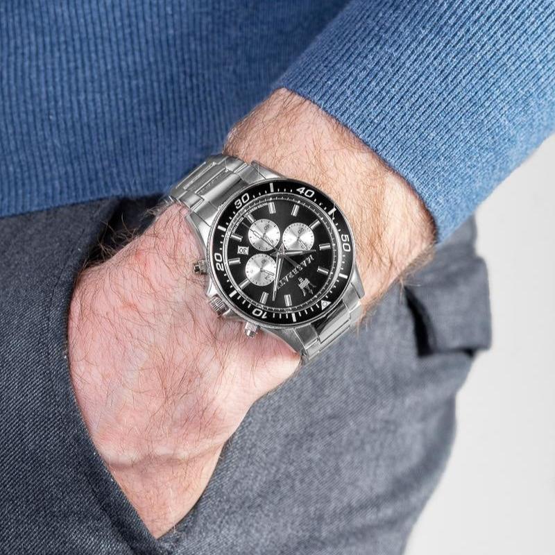 Maserati SFIDA Chronograph Black Dial Silver Steel Strap Watch For Men - R8873640004