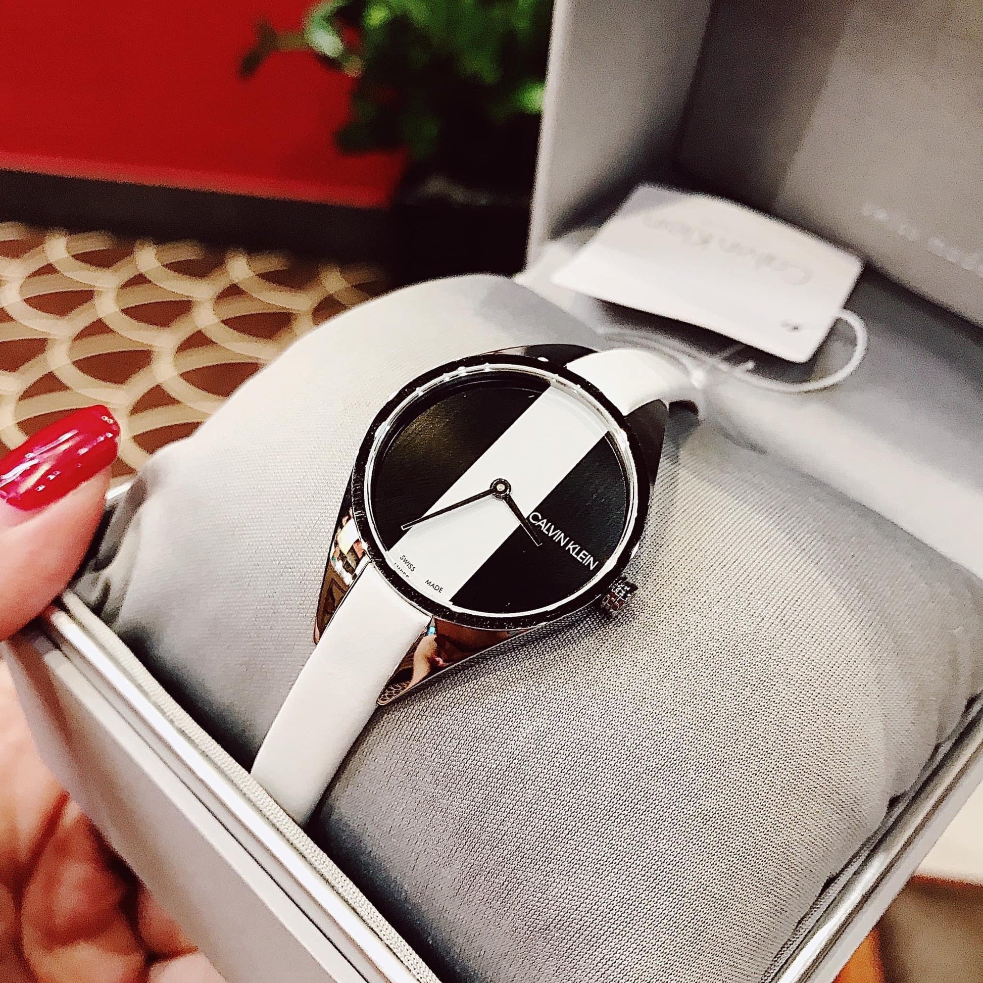  Shop Authentic Calvin Klein Rebel White Black Dial White Leather Strap Watch for Women - K8P231L1 - Luxxuri