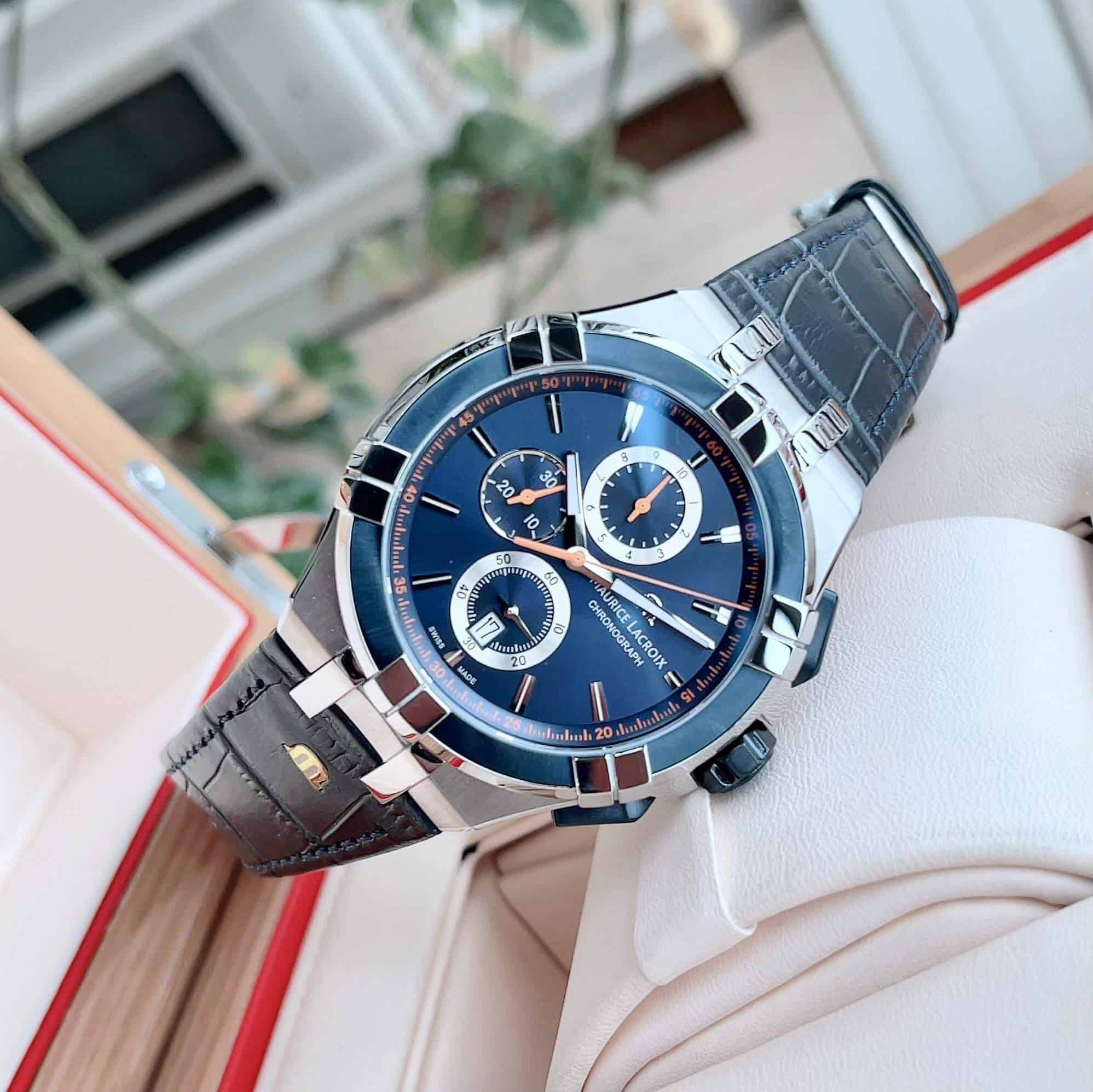 Maurice Lacroix Aikon Chronograph Blue Dial Blue Leather Strap Watch For Men - AI1018-SS001-432-4