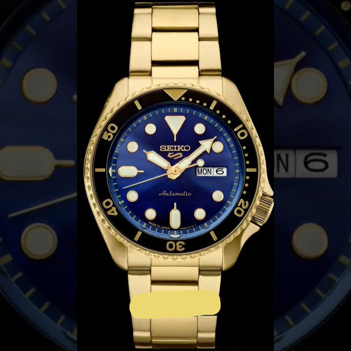 Seiko 5 Sports US Special Edition Automatic Blue Dial Gold Steel Strap Watch For Men - SRPK20