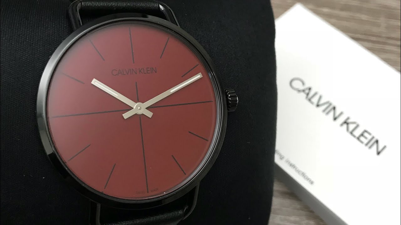  Shop Authentic Calvin Klein Even Maroon Dial Black Leather Strap Watch for Men - K7B214CP - Luxxuri